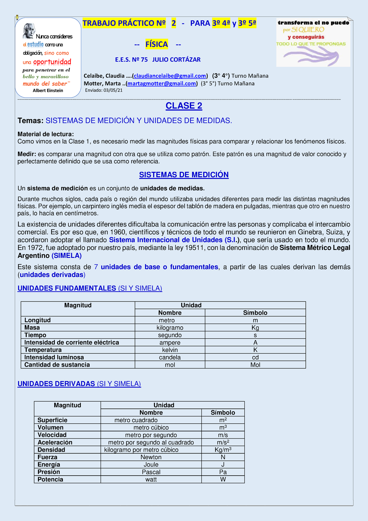 Tp Nº 2 Fisica 3º Año 1º Cuatrim 2021 Trabajo PrÁctico Nº 2 Para 3º 4ª Y 3º 5ª FÍsica 0897