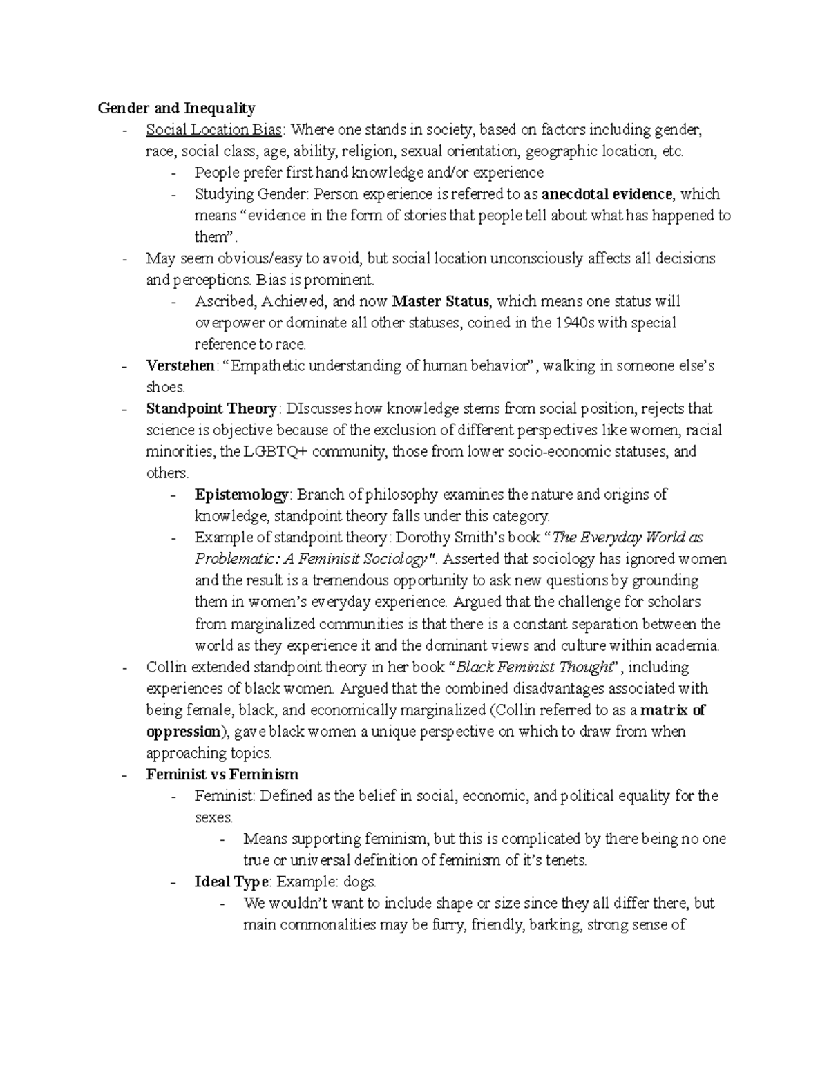 SOC100 Lecture 6 Notes - Gender and Inequality - Social Location Bias ...