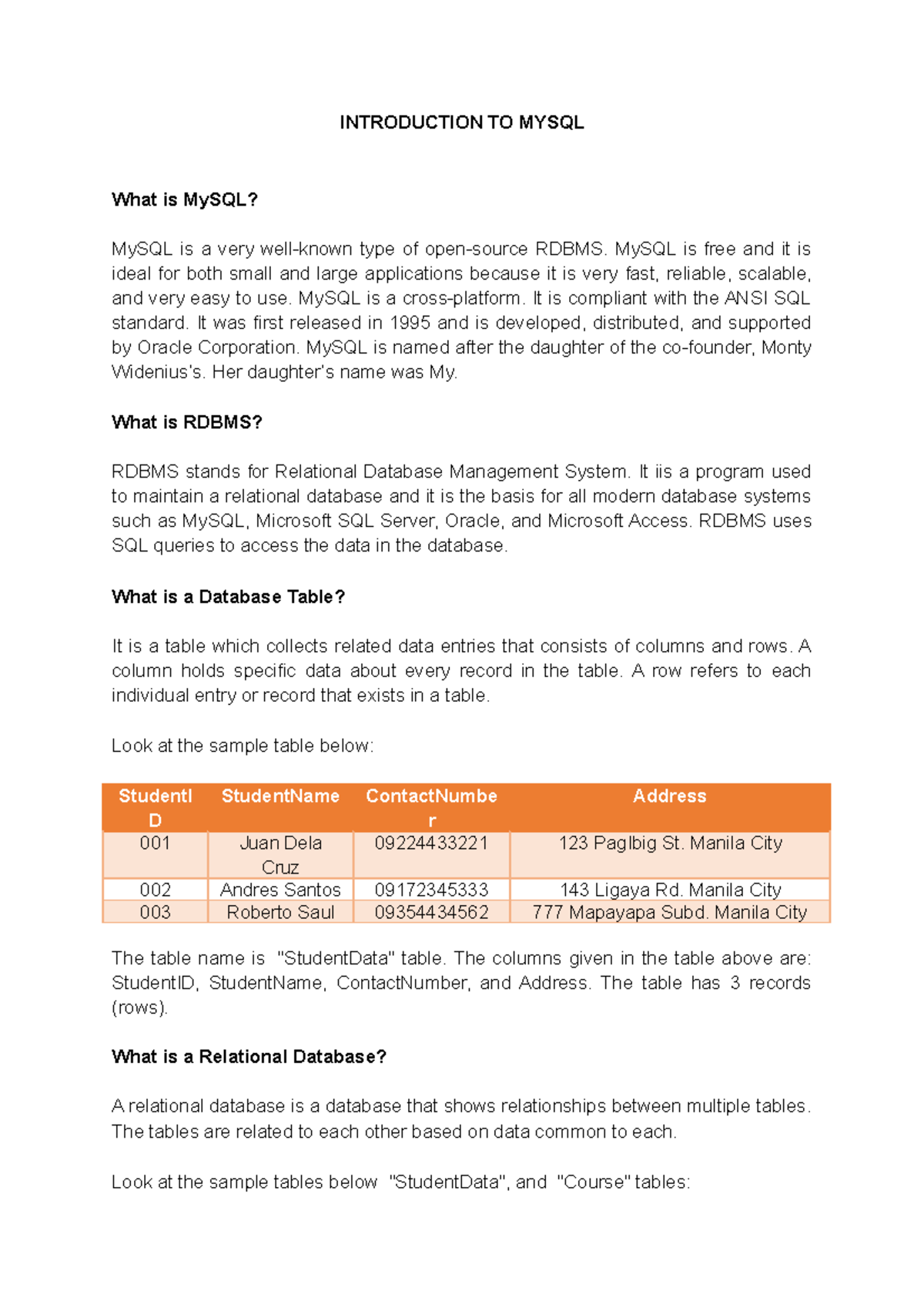 Computer Science - Introduction TO Mysql - INTRODUCTION TO MYSQL What ...