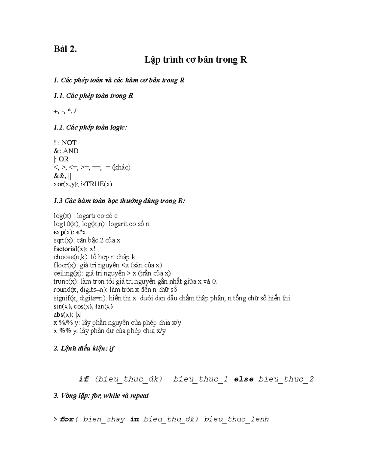 Bai 2 - Lap trinh co ban trong R - Bài 2. Lập trình cơ bản trong R 1 ...