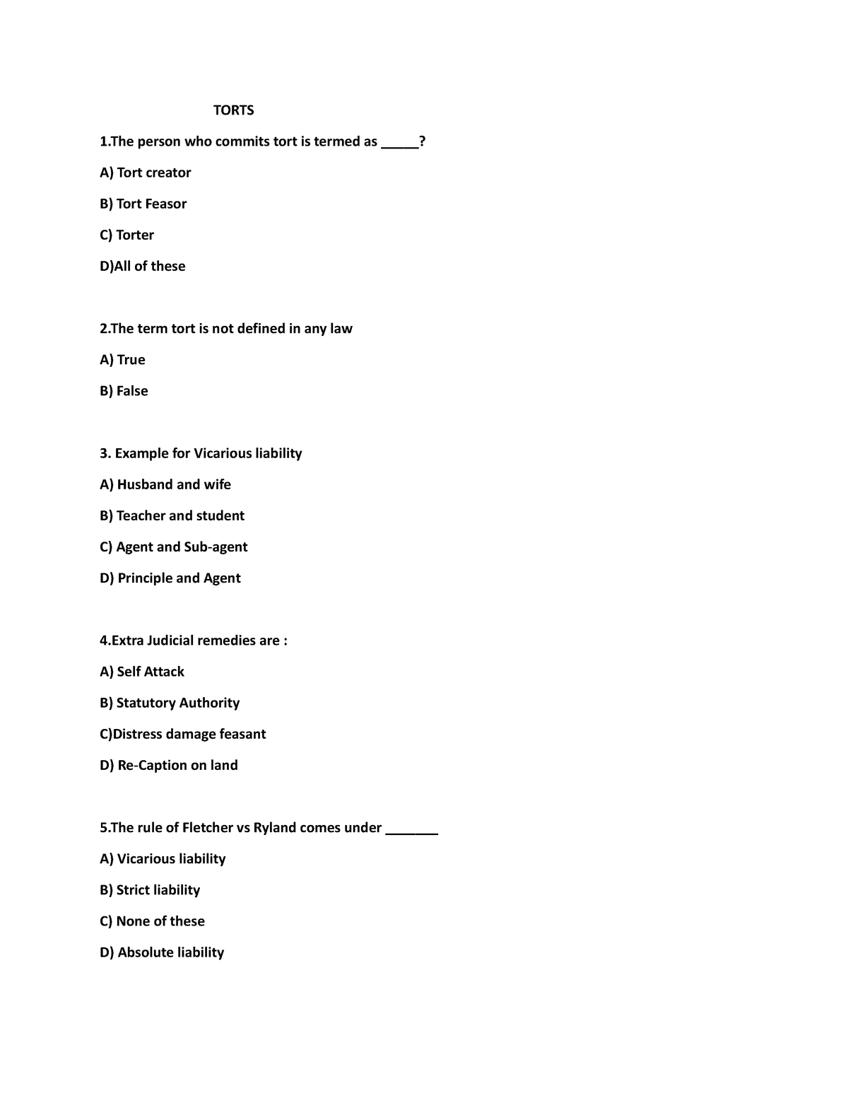 TORT TEST - Test - TORTS 1 Person Who Commits Tort Is Termed As ...