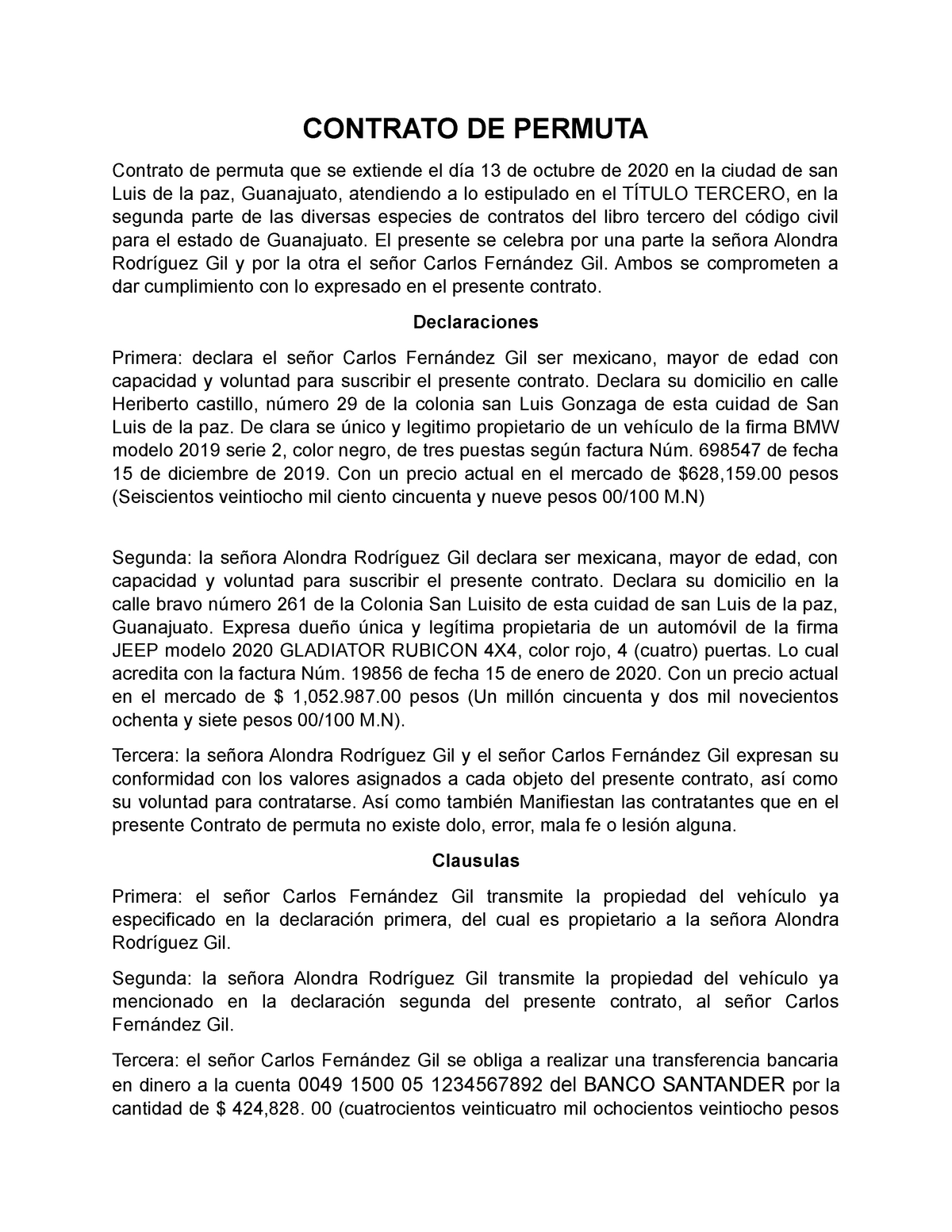 Contrato De Permuta Contrato De Permuta Contrato De Permuta Que Se Extiende El Día 13 De 8461