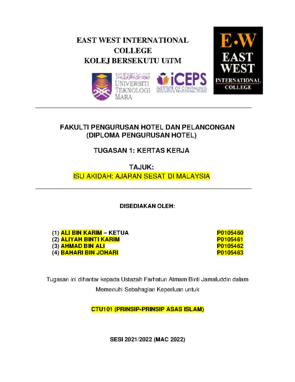 Garis Panduan Tugasan Kertas Kerja CTU101 - Business Studies - UiTM ...