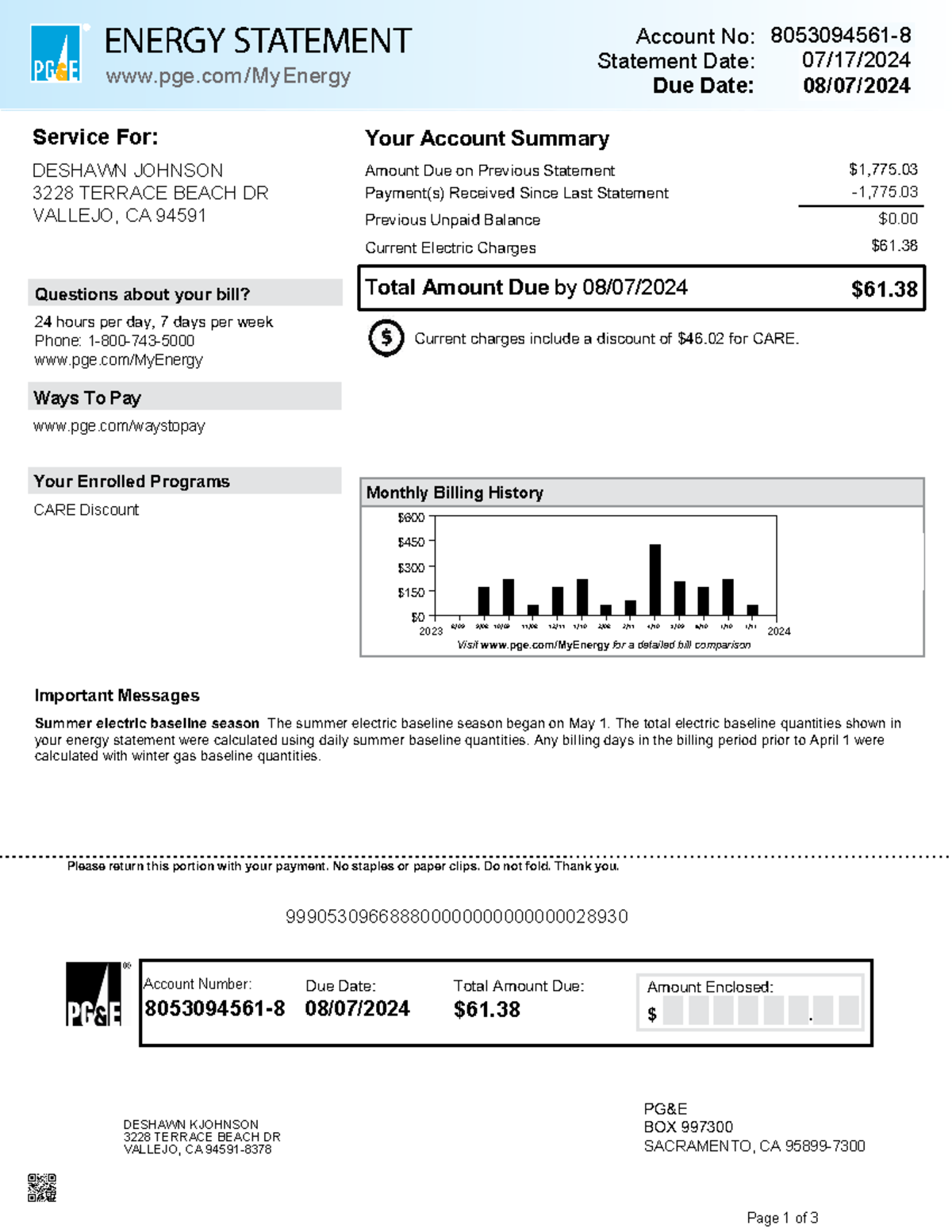 PG&E BILL - nnnm - PG&E BOX 997300 SACRAMENTO, CA 95899- Account No ...