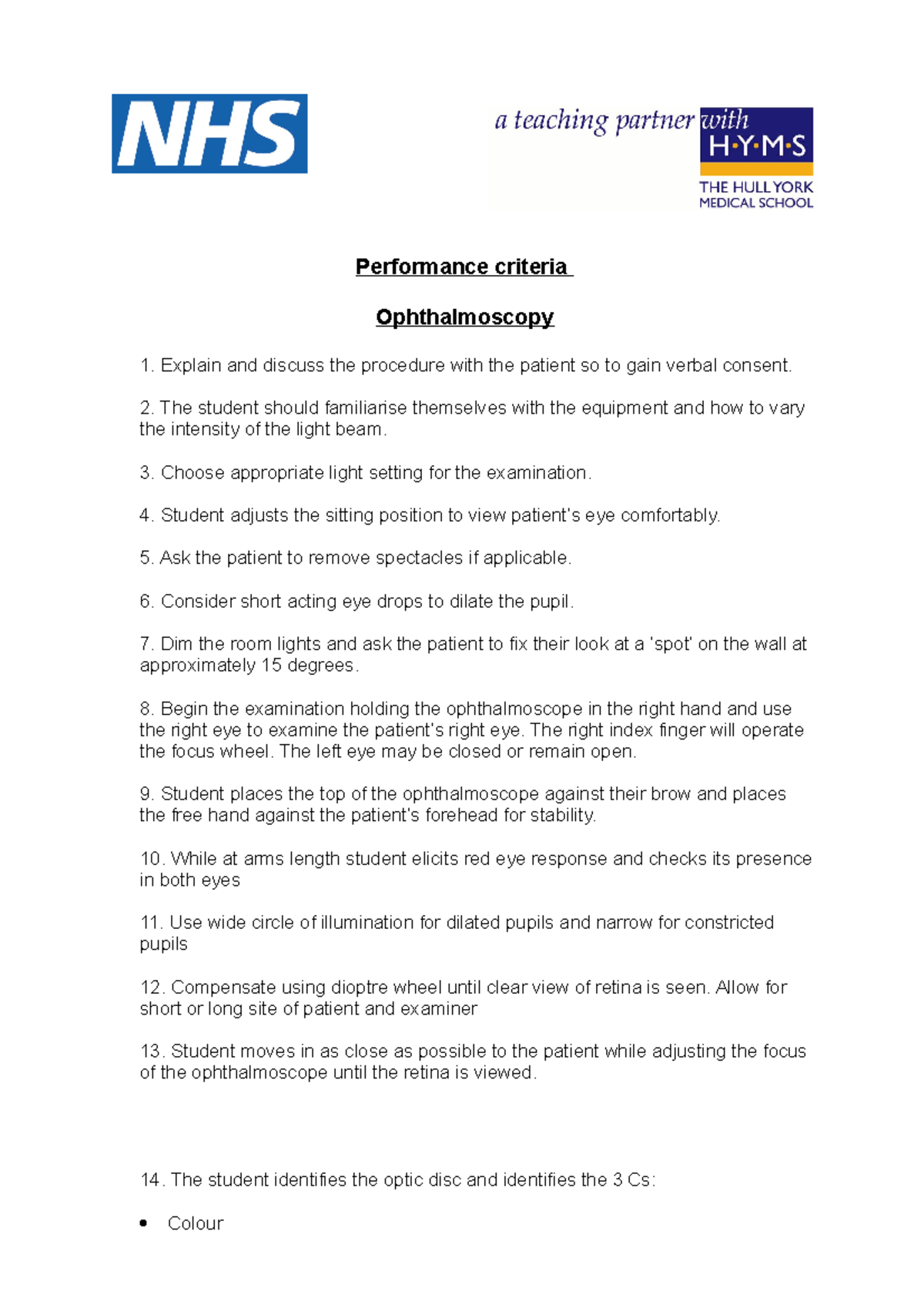 Ophthalmoscopy MBBS PreLearning Performance criteria Ophthalmoscopy