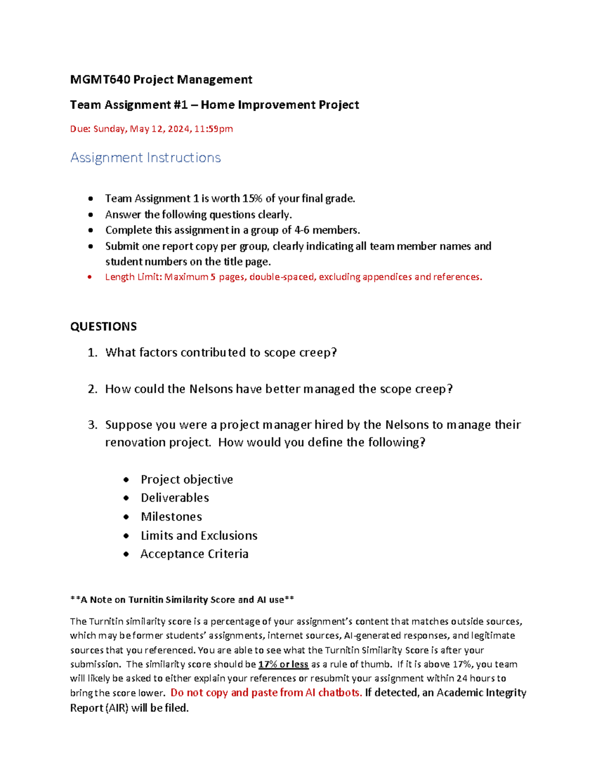 Team Assignment 1 - Home Improvement Project - MGMT640 Project ...