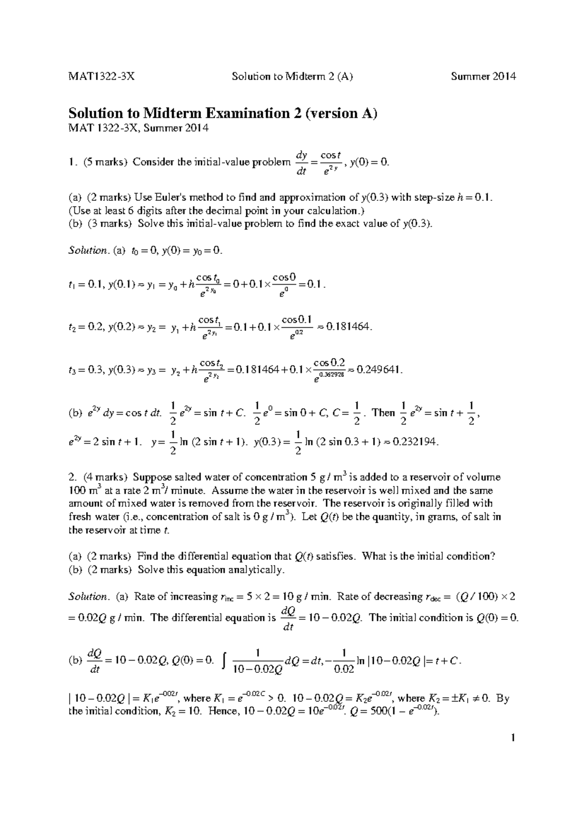 Exam 4 May 2014, Questions and answers - MAT1322-3X Solution to Midterm ...
