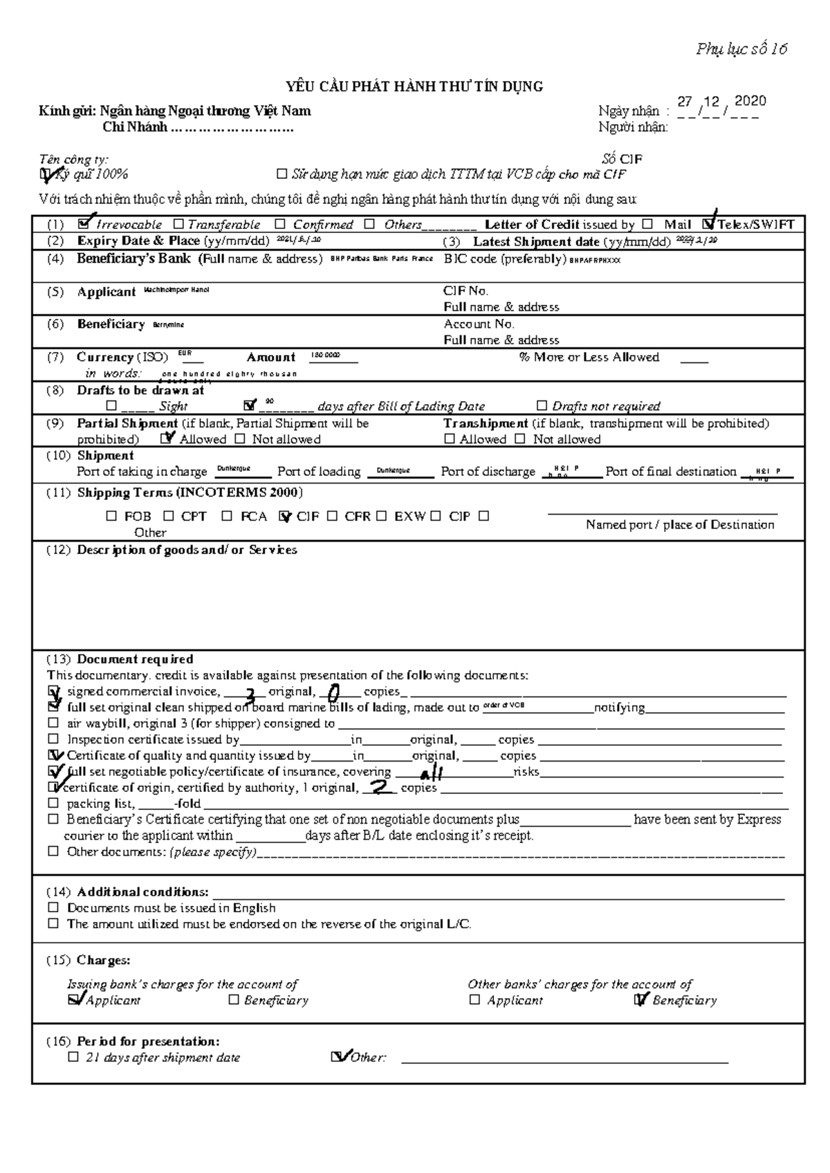 GIẤY YÊU CẦU PHÁT HÀNH LC - VCB - Phụ lục số 16 YÊU CẦU PHÁT HÀNH THƯ ...