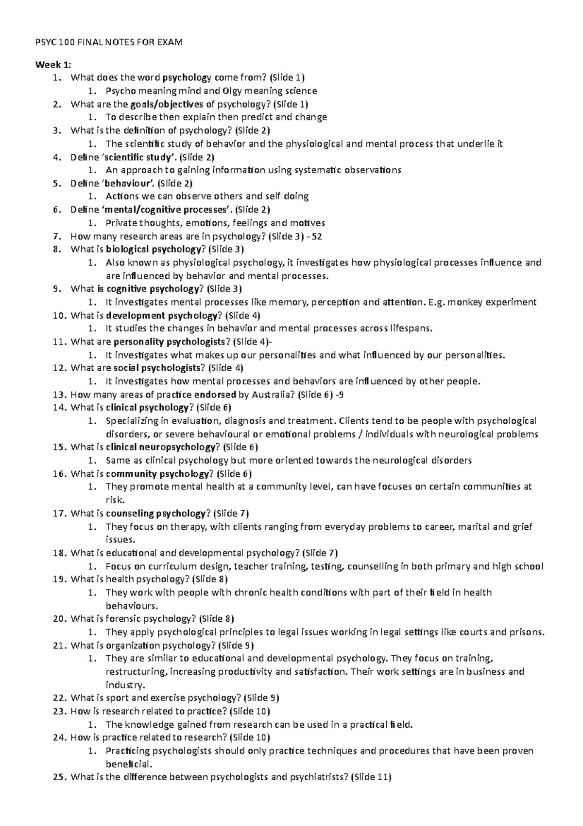 Psyc 100 final notes - PSYC 100 FINAL NOTES FOR EXAM Week 1: 1. What ...