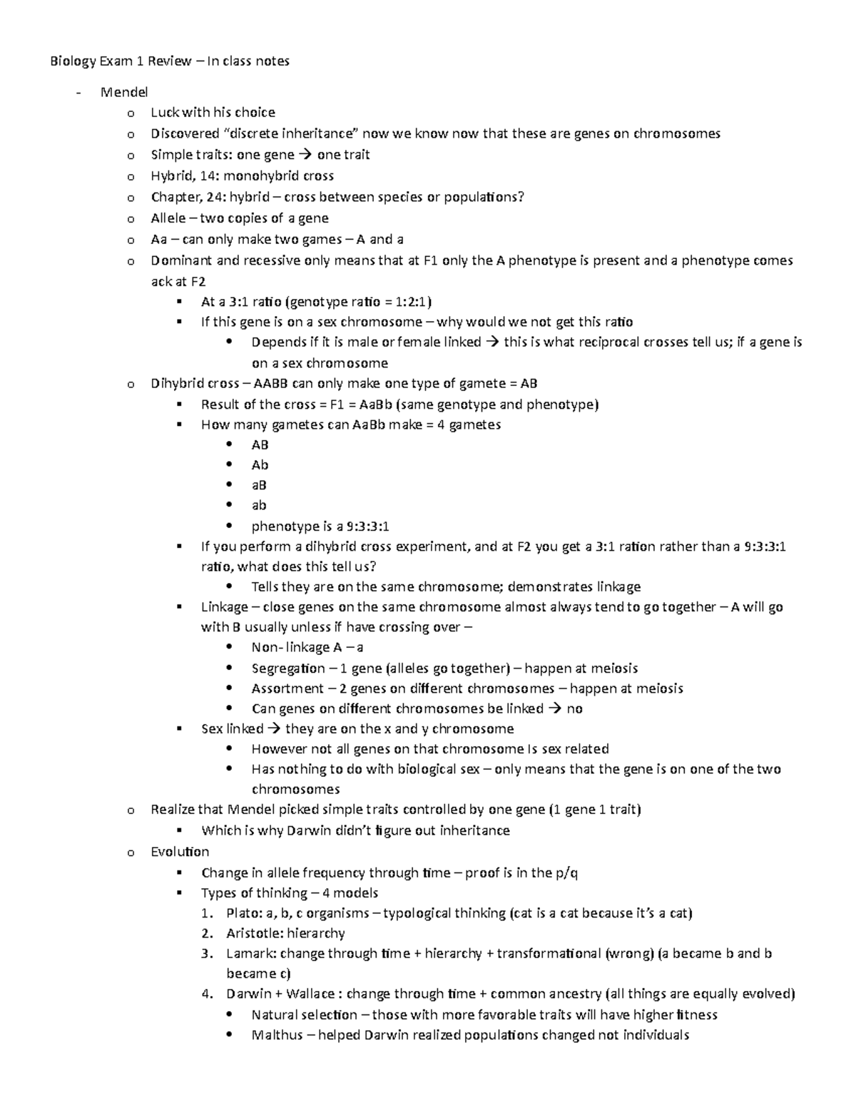 Biology Exam 1 Review - Biology Exam 1 Review – In class notes Mendel o ...