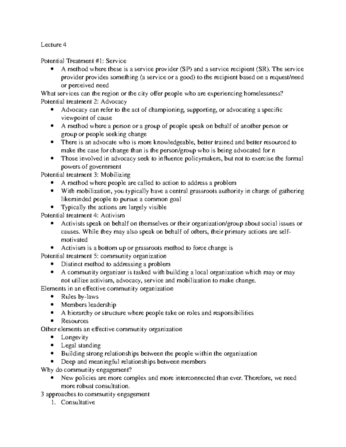 Lecture 4 notes - Lecture 4 Potential Treatment #1: Service A method ...