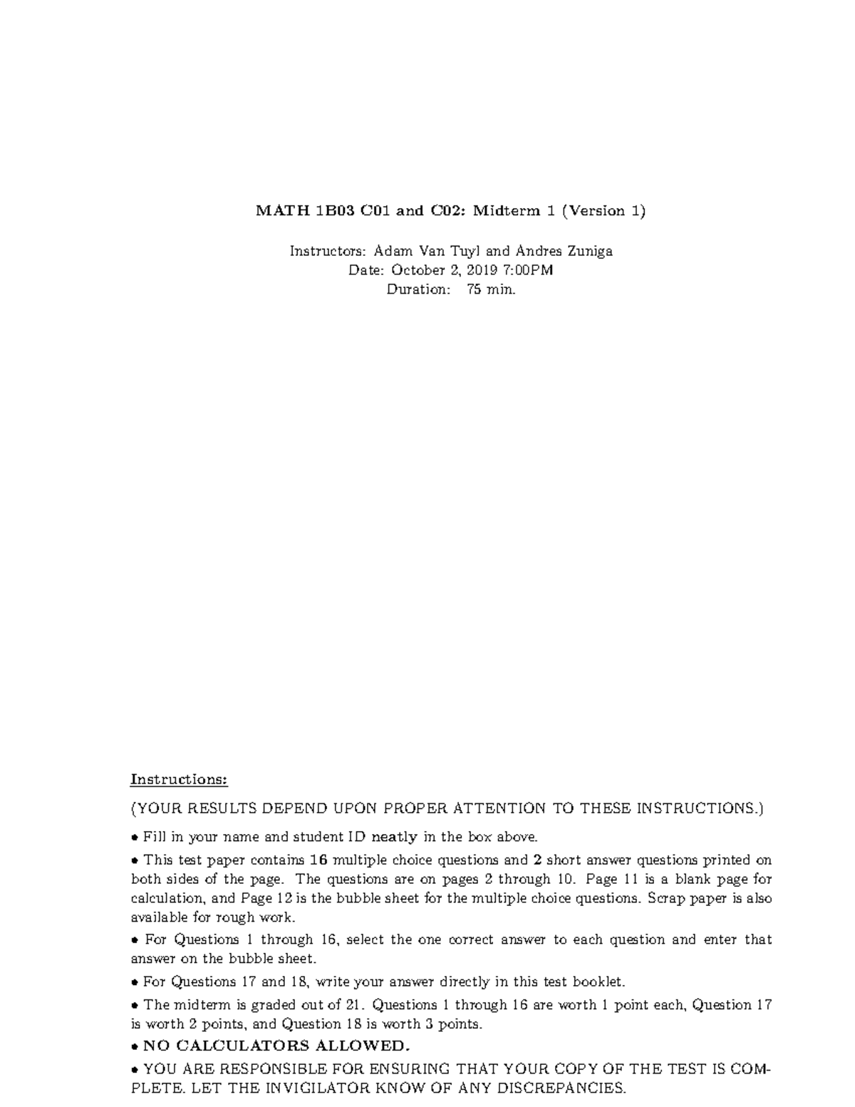 2019 fall math1b03 midterm 1 v1 - MATH 1B03 C01 and C02: Midterm 1 ...