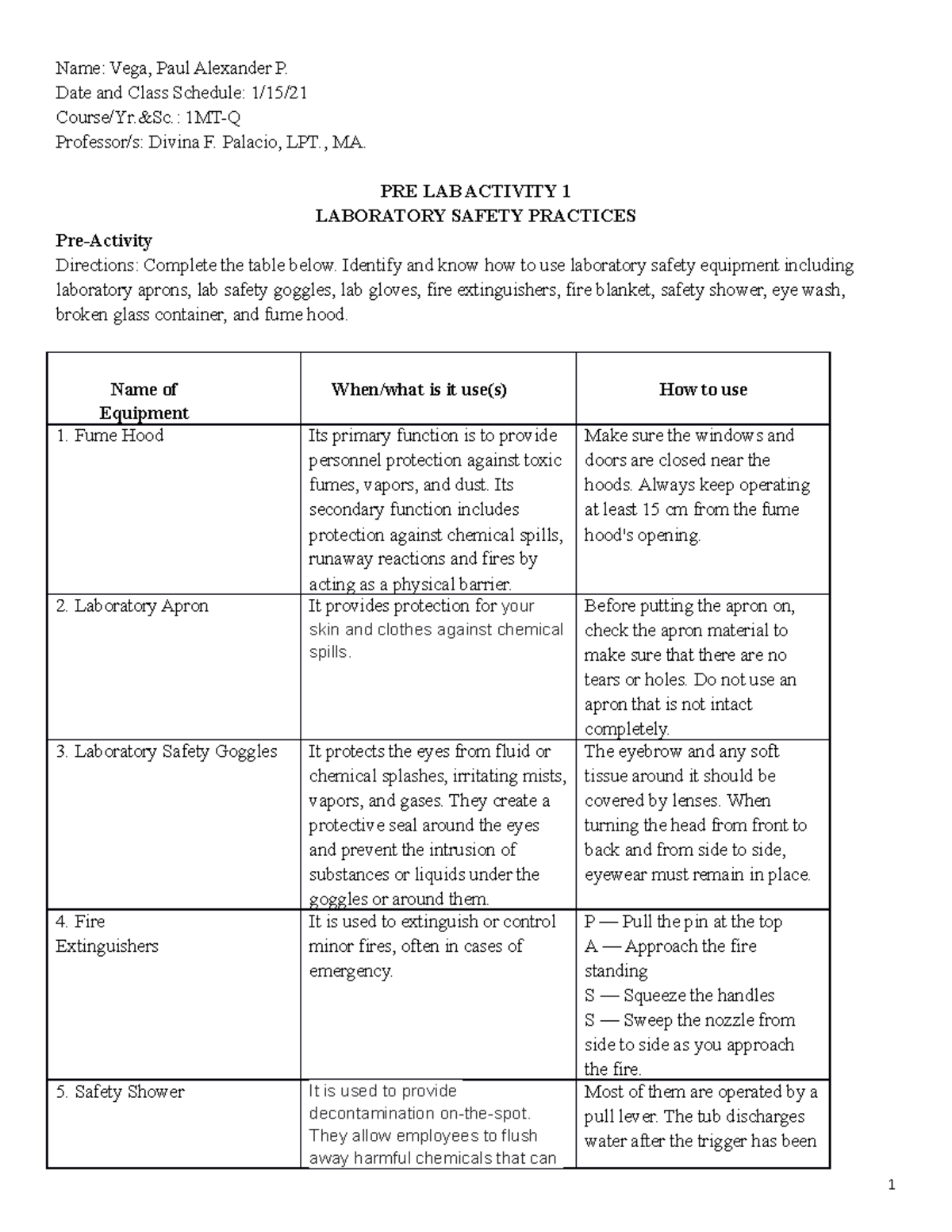 LAB SAFETY PRACTICES - Name: Vega, Paul Alexander P. Date and Class ...