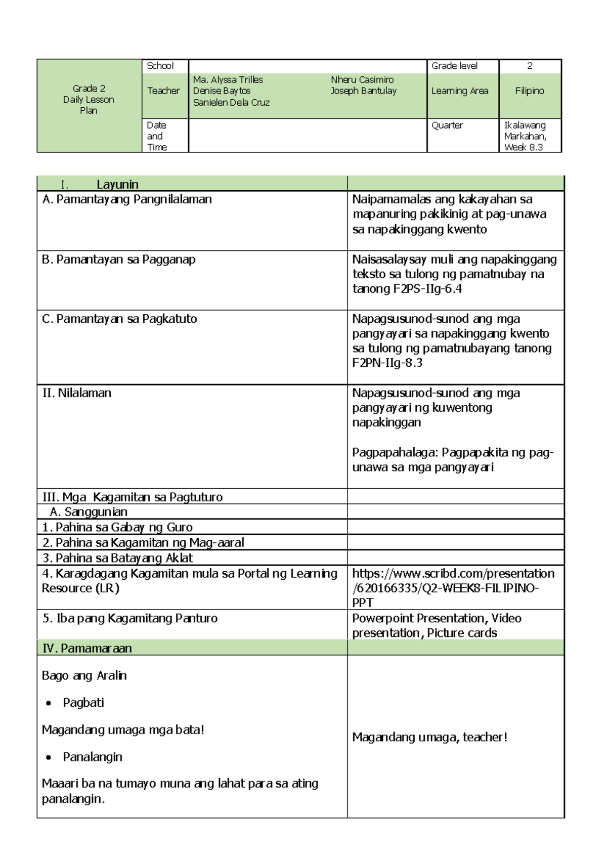 Lesson Plan in FLT - OKAY - Grade 2 Daily Lesson Plan School Grade ...