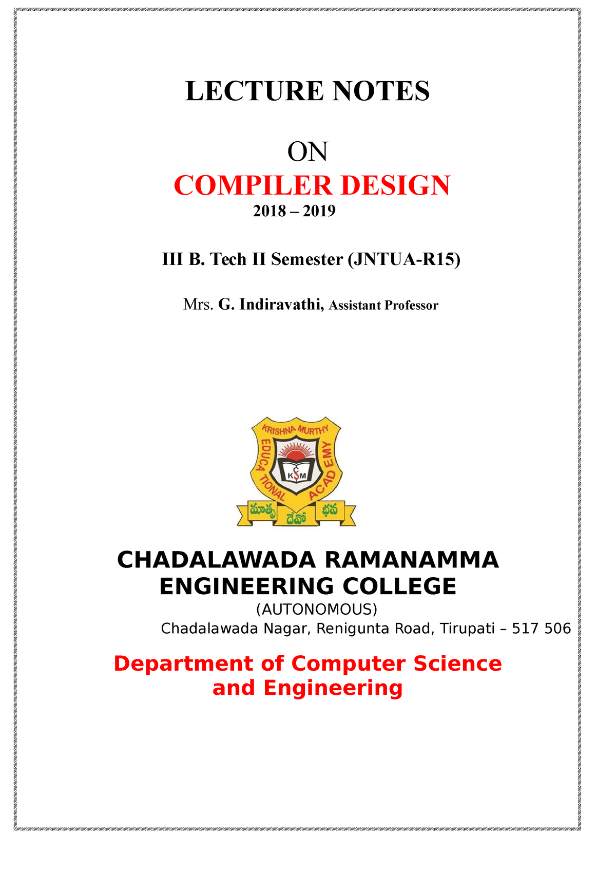 Compiler Design Notes - LECTURE NOTES ON COMPILER DESIGN ####### 2018 ...