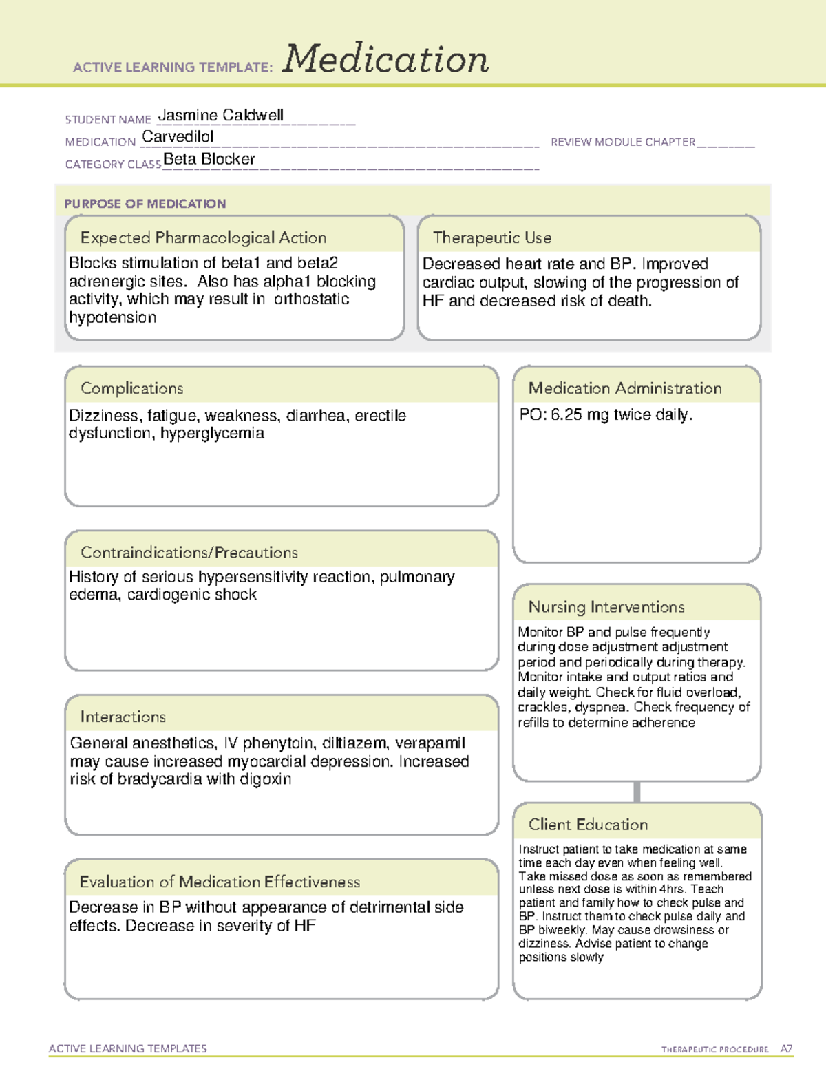 Carvedilol - Med Card - ACTIVE LEARNING TEMPLATES TherapeuTic Procedure ...