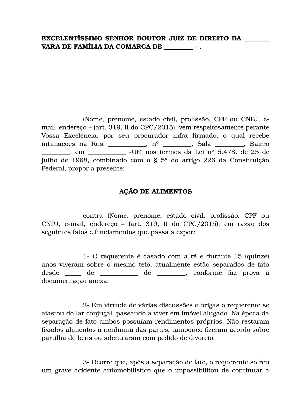 A O Alimentos Inicial Ajuizada Pelo Genitor Excelent Ssimo Senhor Doutor Juiz De Direito