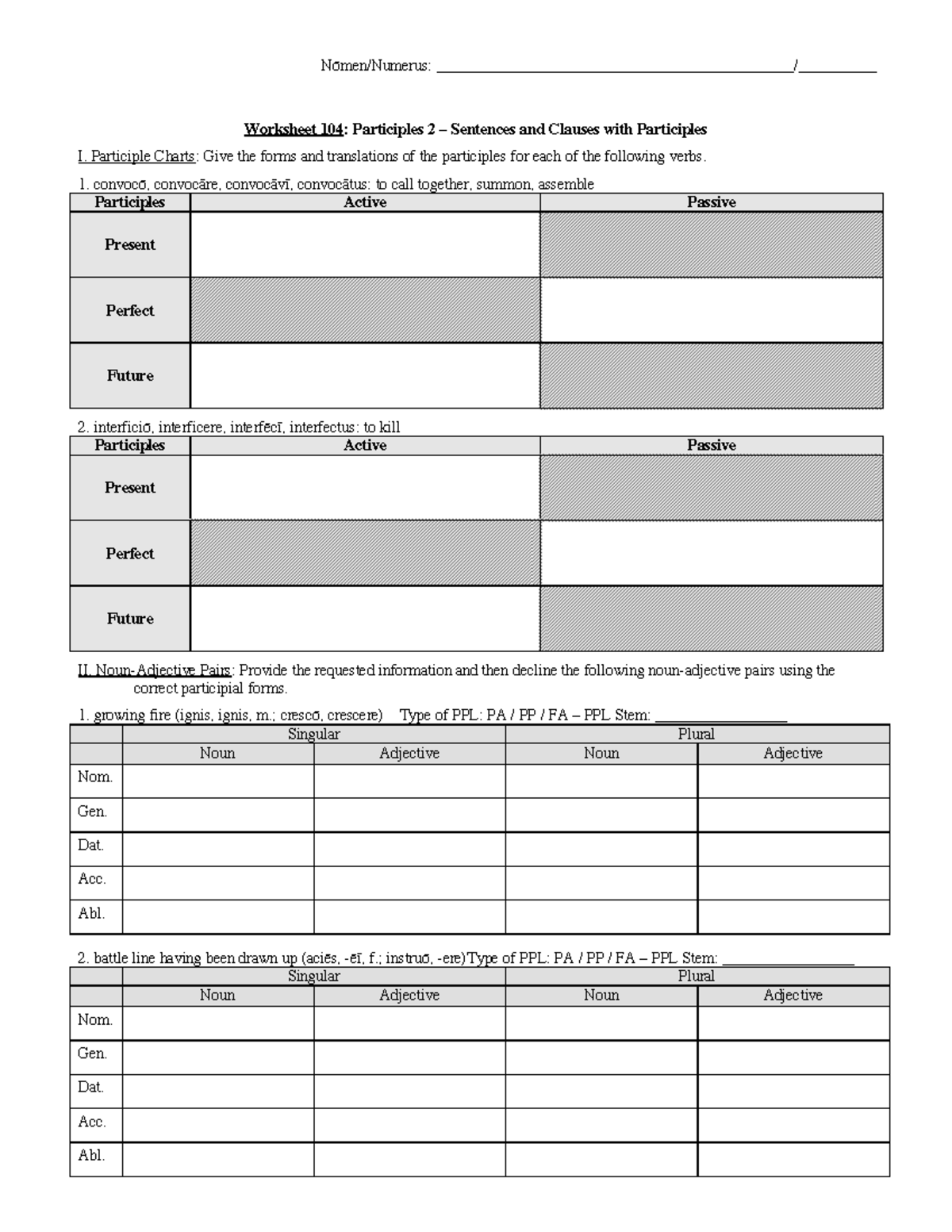 L1 wksht 104 participles 2 part phrases - Nōmen/Numerus