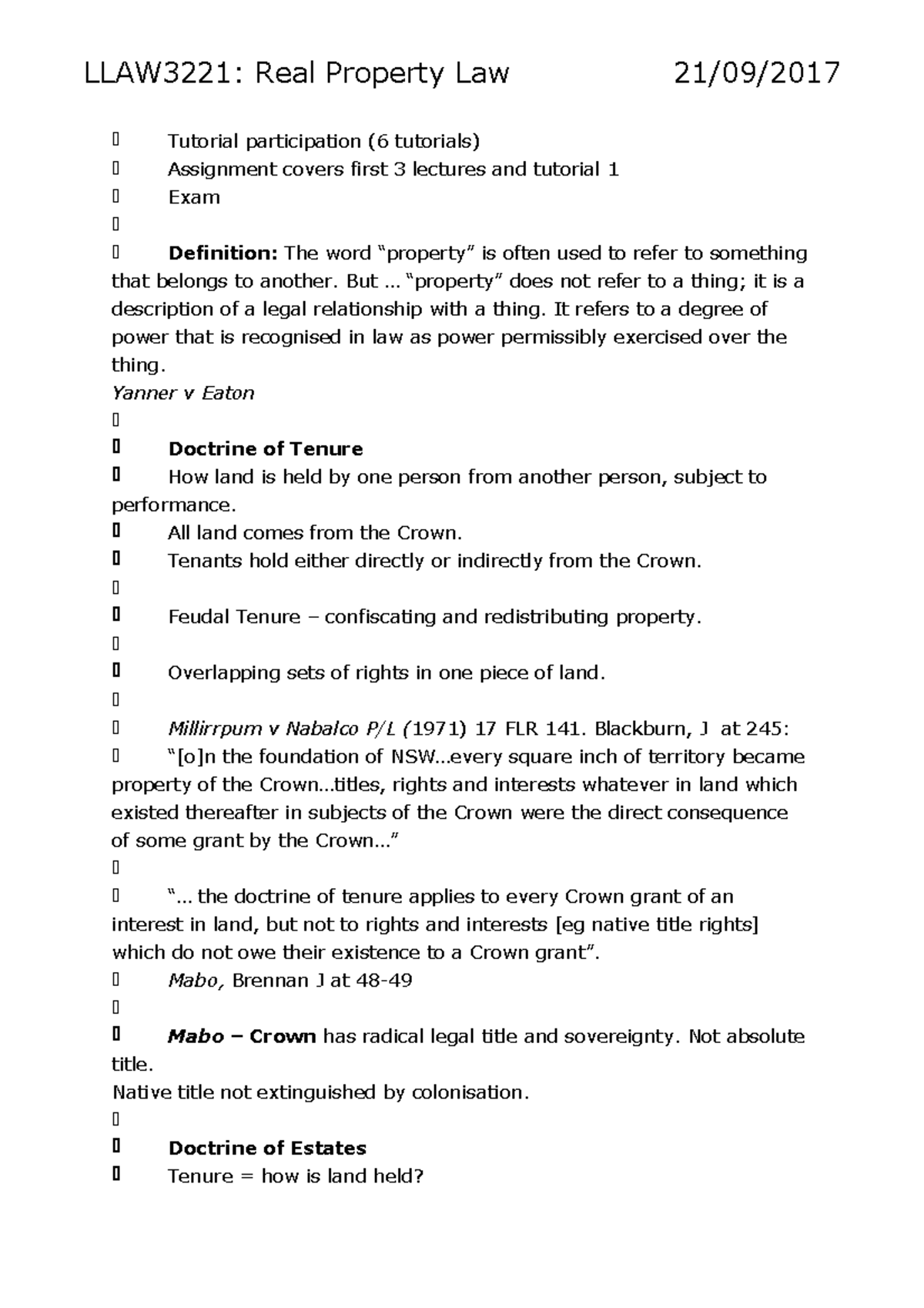 Property exam - Lecture notes 1-11 - LLAW3221: Real Property Law 21/09 ...