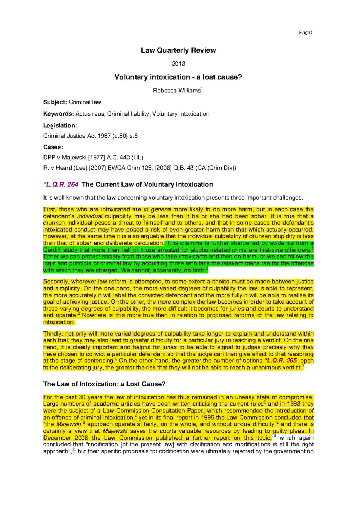 Voluntary iintoxication article 2 Law Quarterly Review 2013 Voluntary