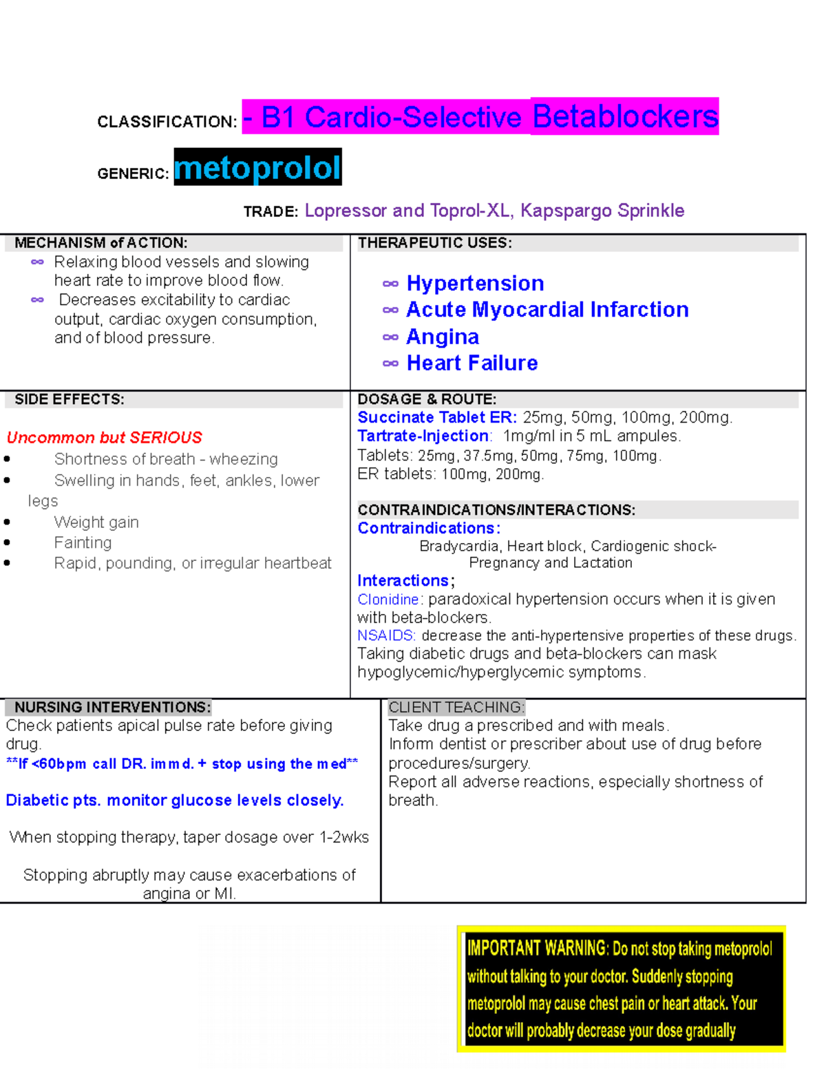 Pharm wk 6 drugcards - drug cards - CLASSIFICATION: - B1 Cardio ...