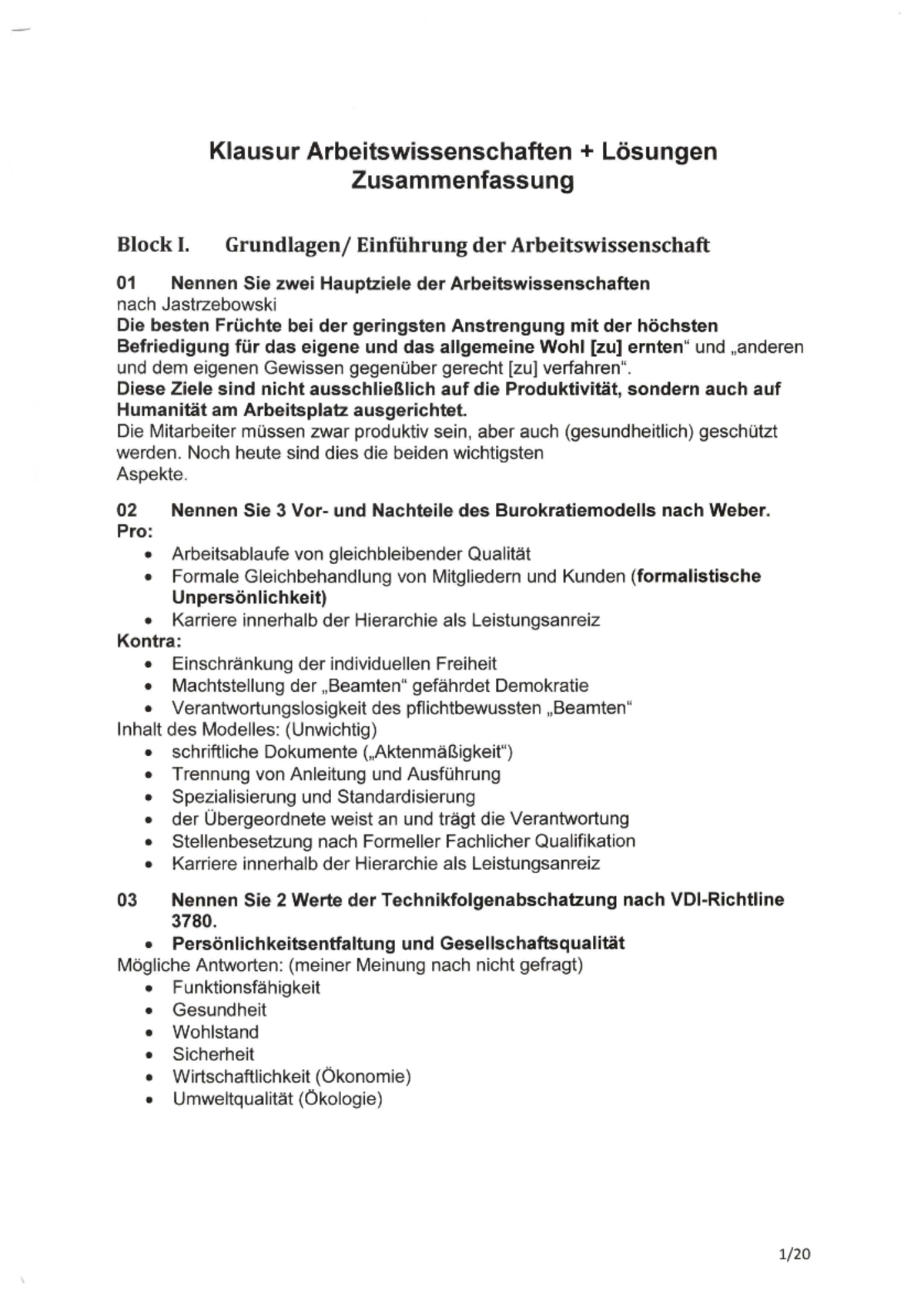 Zusammenfassung Awi - Block I. Klausur Arbeitswissenschaften + Lösungen ...