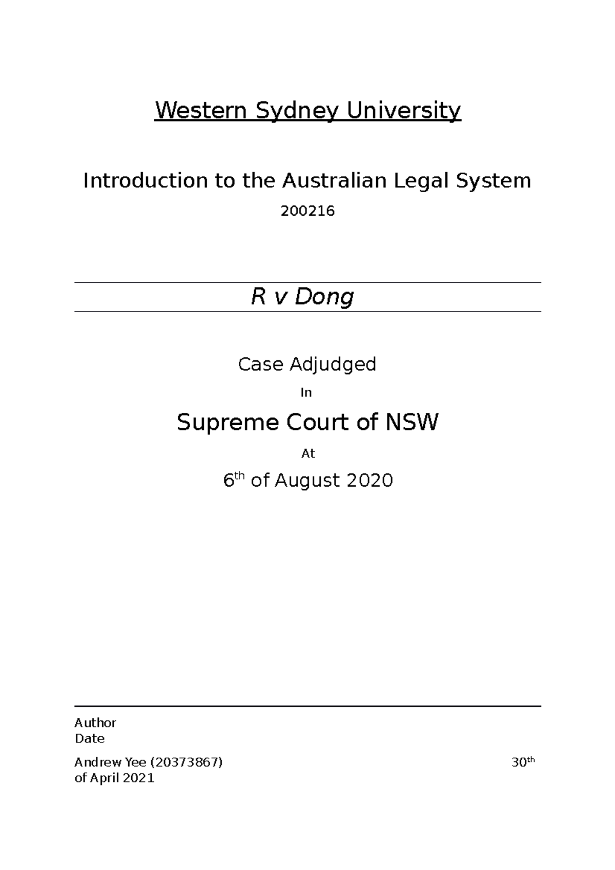 Legal Court Report My Assignment Western Sydney University 