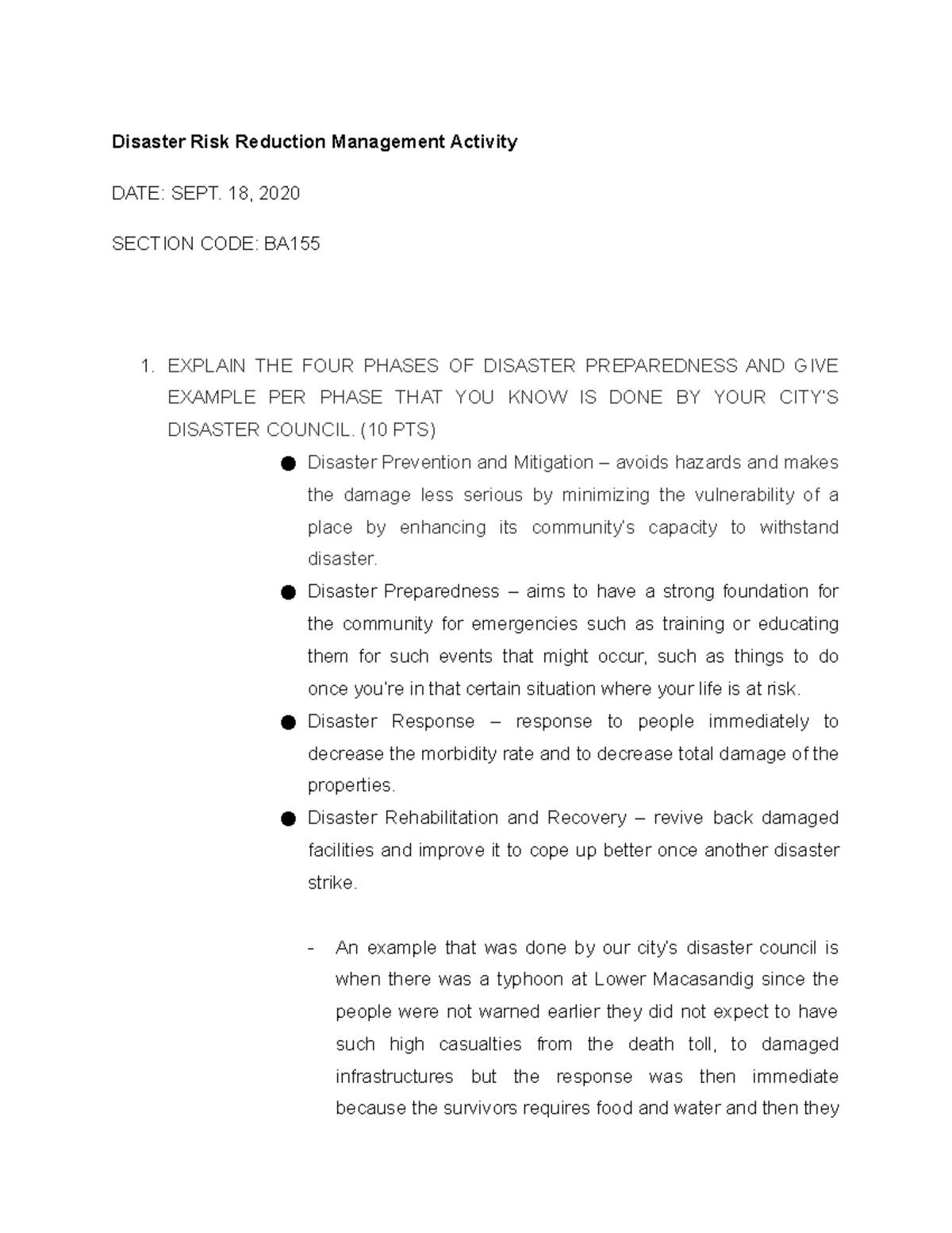 DRRM Activity - Phases of Disaster Preparedness and examples, Hazard ...