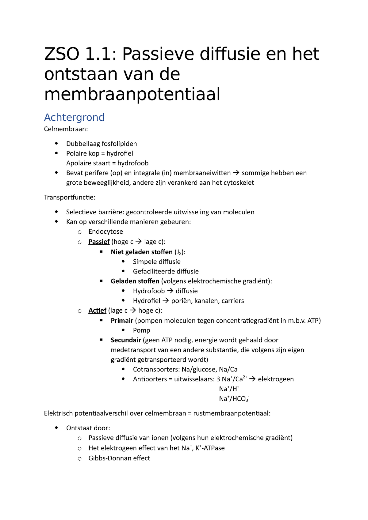 ZSO 1 - ZSO 1: Passieve Diffusie En Het Ontstaan Van De ...