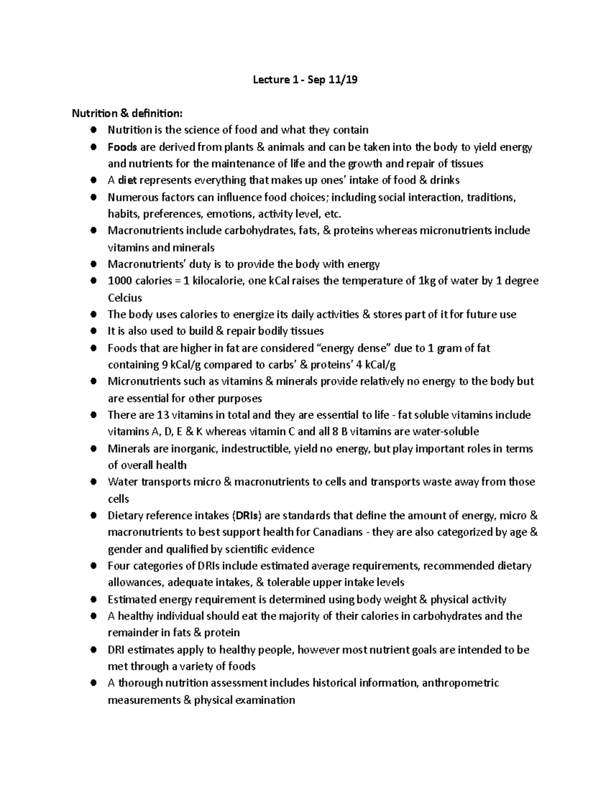 F&N Lec 1 - Lecture notes 1 - Lecture 1 - Sep 11/ Nutrition ...
