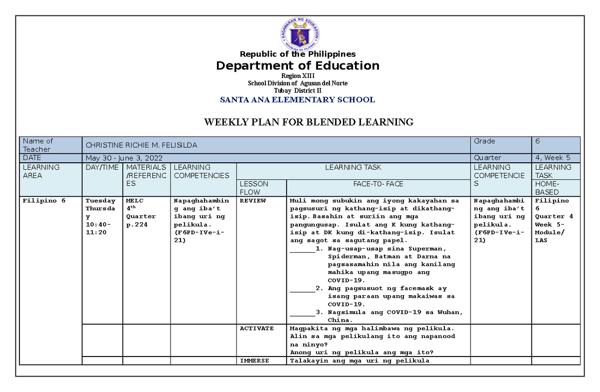 RaisePLUSWLP Grade 6Q4W5 WEEKLY PLAN FOR BLENDED LEARNING Name