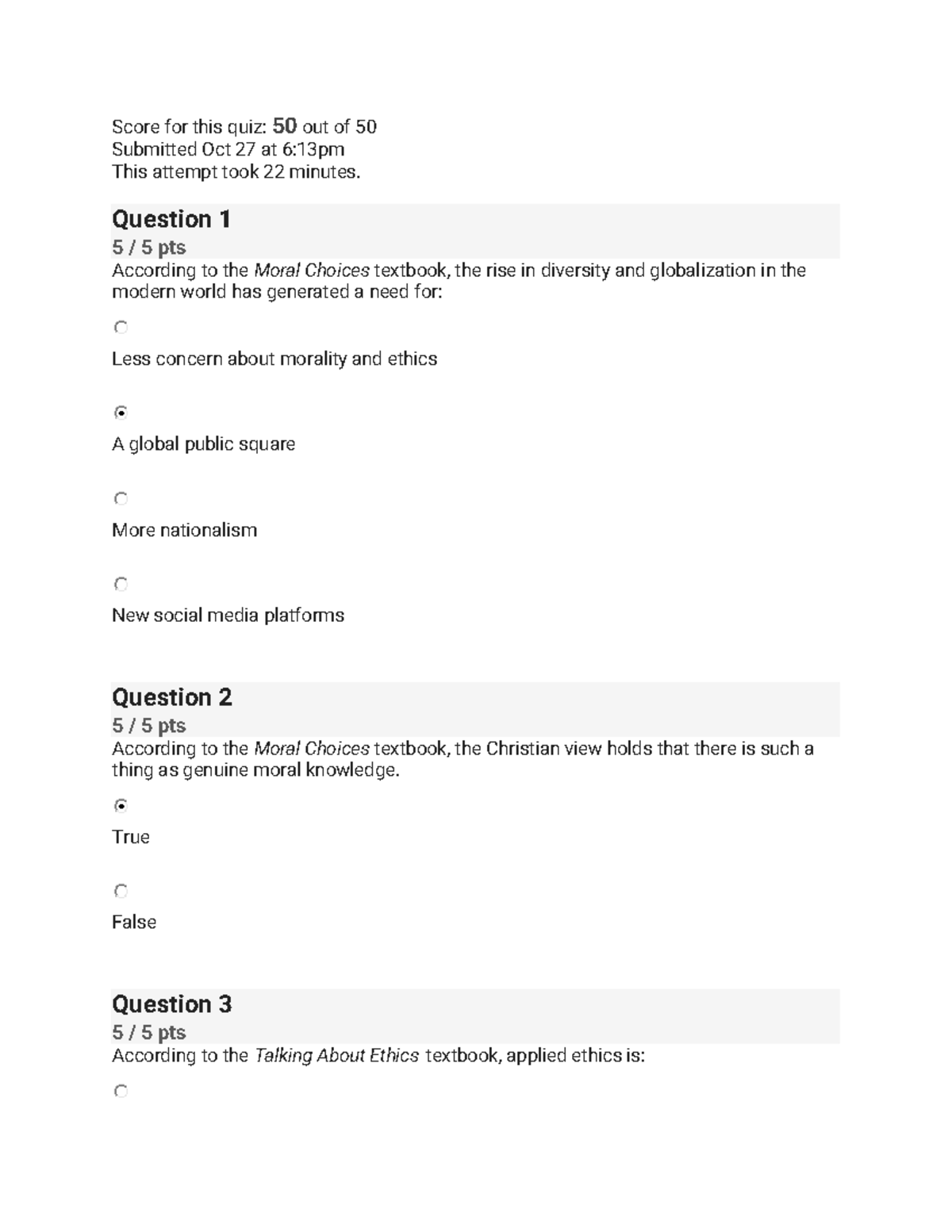 ETCH 101 Quiz 1 Quiz 1 Score for this quiz 50 out of 50 Submitted