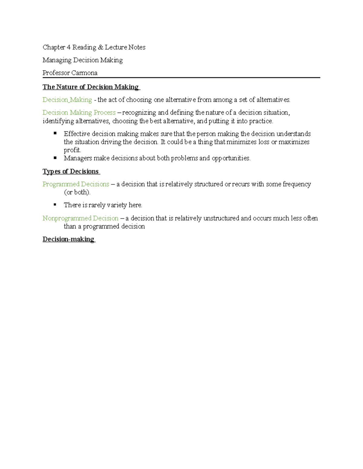 Chapter 4 Management - Chapter 4 Reading & Lecture Notes Managing ...