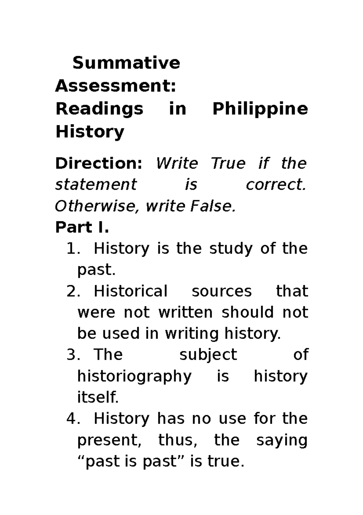 Assessment Reaings in Phil. History Summative Assessment Readings in Philippine History Studocu
