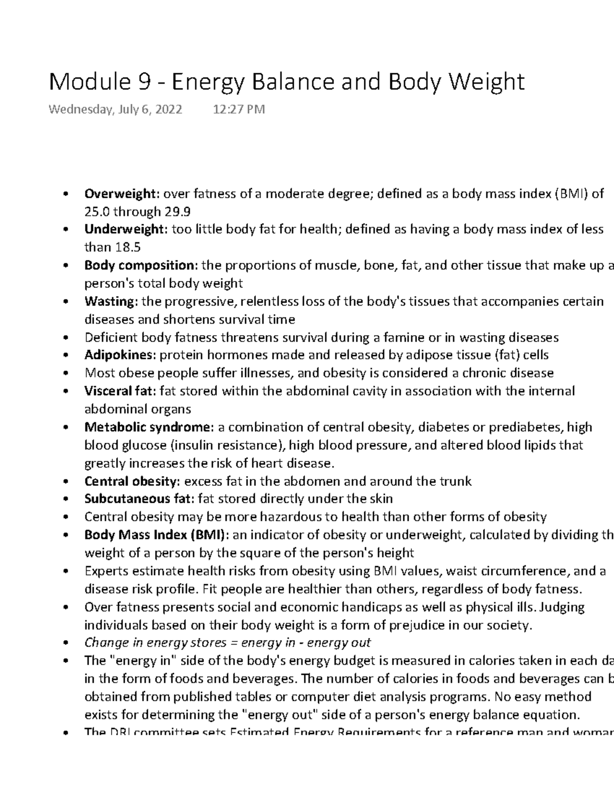 Module 9 - Energy Balance And Body Weight - Overweight: Over Fatness Of ...