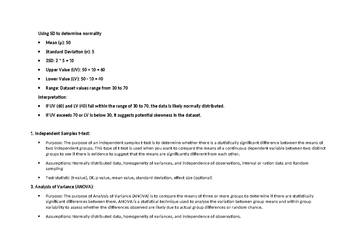 Inferential statistical tests and assumptions using sd to determine