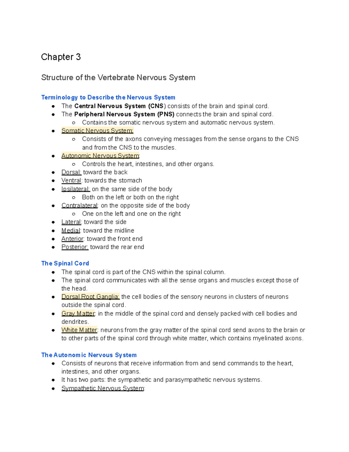 Chapter 3.1 bio notes - Chapter 3 Structure of the Vertebrate Nervous ...