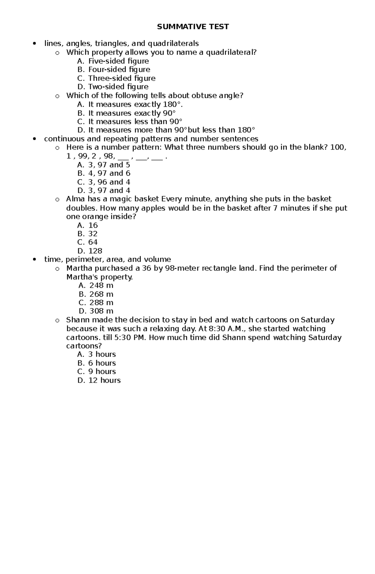 Summative TEST - Test Question - SUMMATIVE TEST lines, angles ...