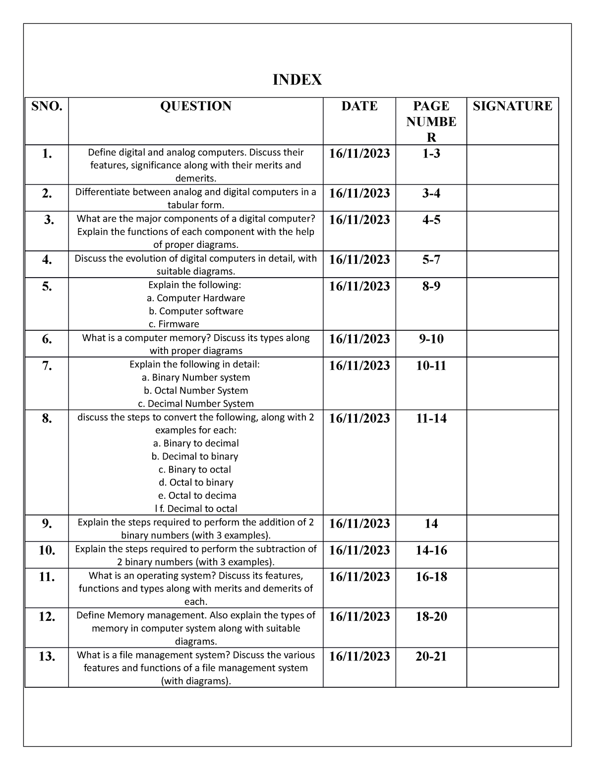 Khushi aggarwal - INDEX SNO. QUESTION DATE PAGE NUMBE R SIGNATURE 1 ...