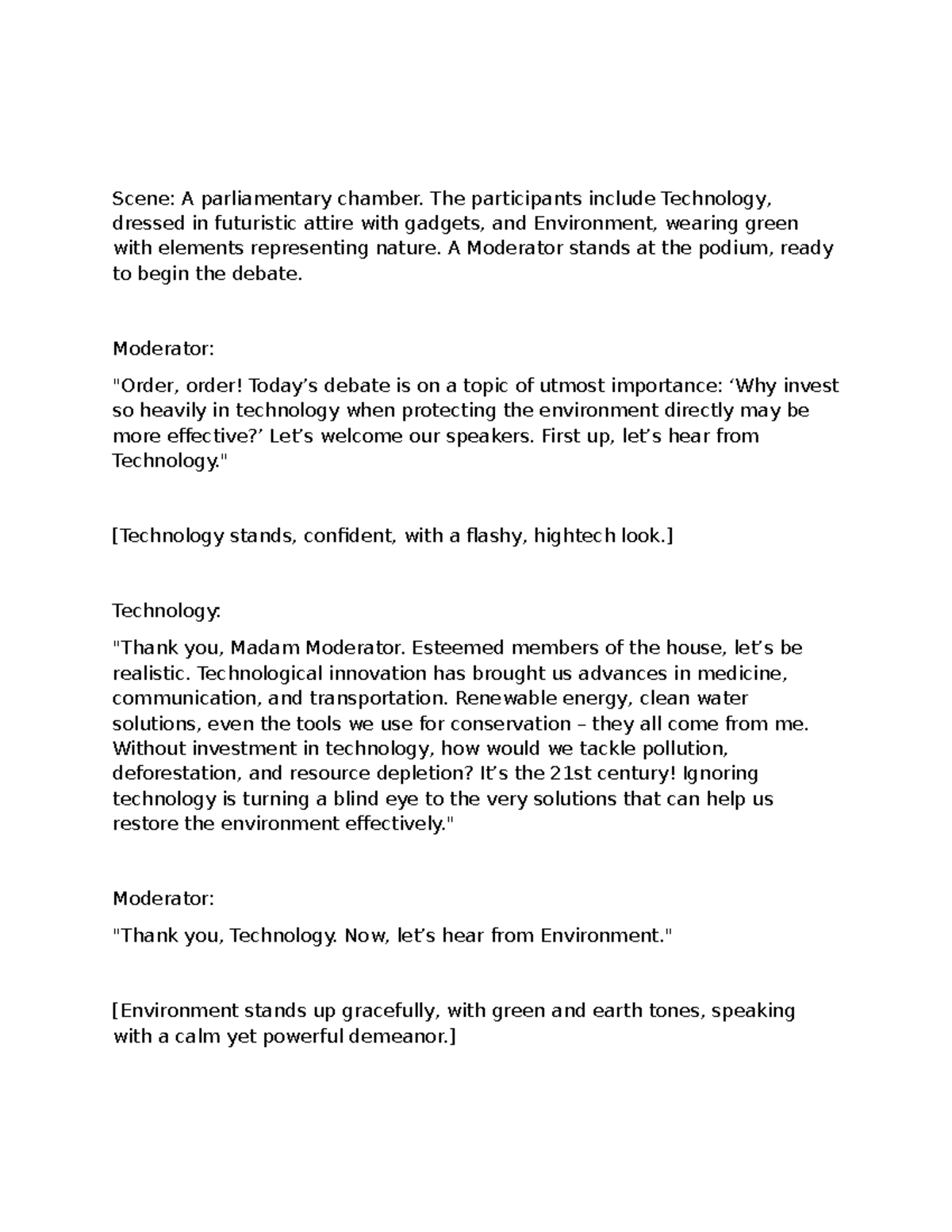 Environment vs Technology script - Scene: A parliamentary chamber. The ...