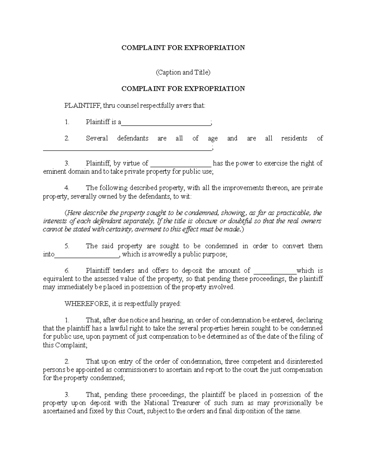 Complaint FOR Expropriation COMPLAINT FOR EXPROPRIATION (Caption and