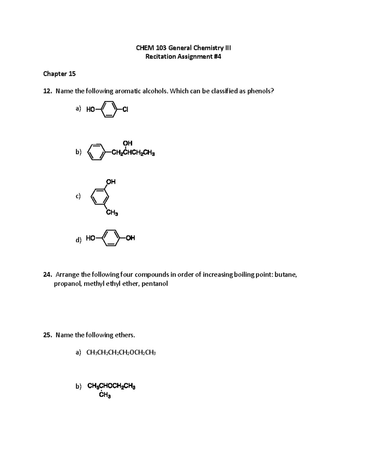 CHEM 103 Recitation Assignment #4 - CHEM 103 General Chemistry III ...