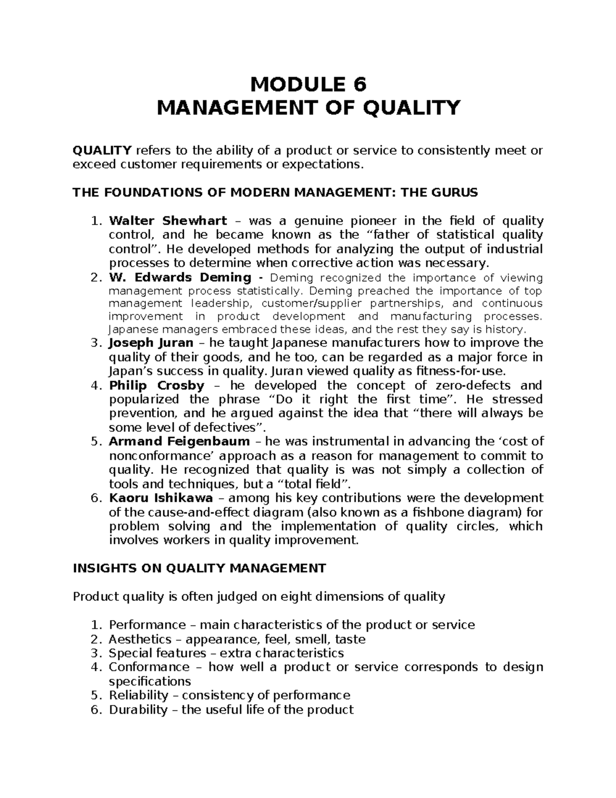 Module-6-8 - Management Modules - MODULE 6 MANAGEMENT OF QUALITY ...