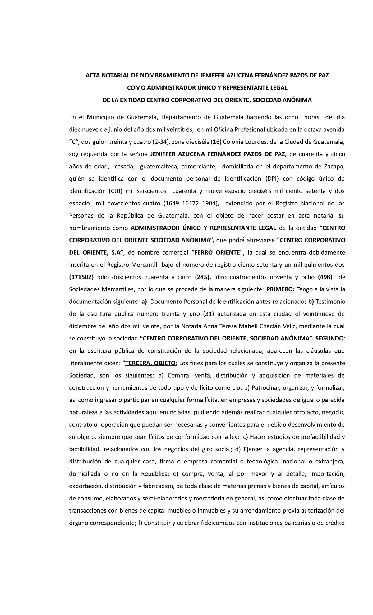 Nombramiento De Adminsitrador Único Y Representante Legal Acta