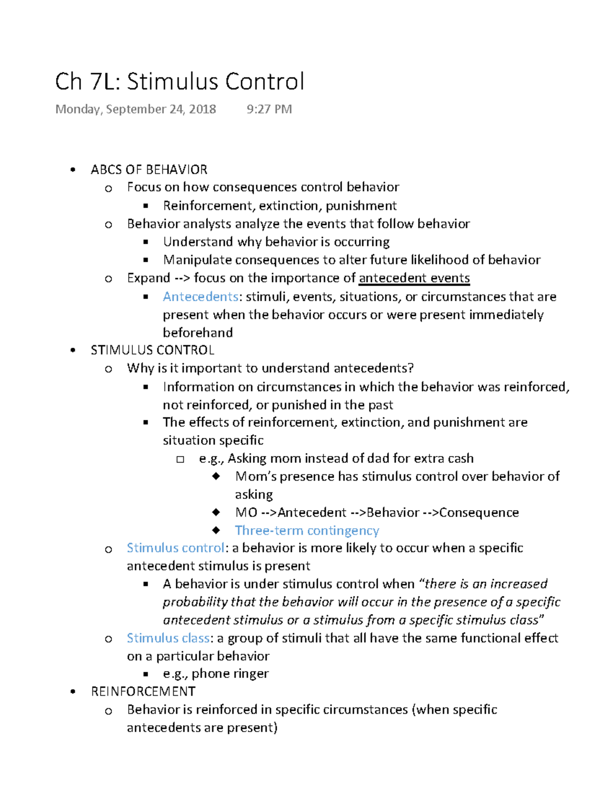 Ch 7L Stimulus Control - Lecture notes 7 - Ch 7L: Stimulus Control ...