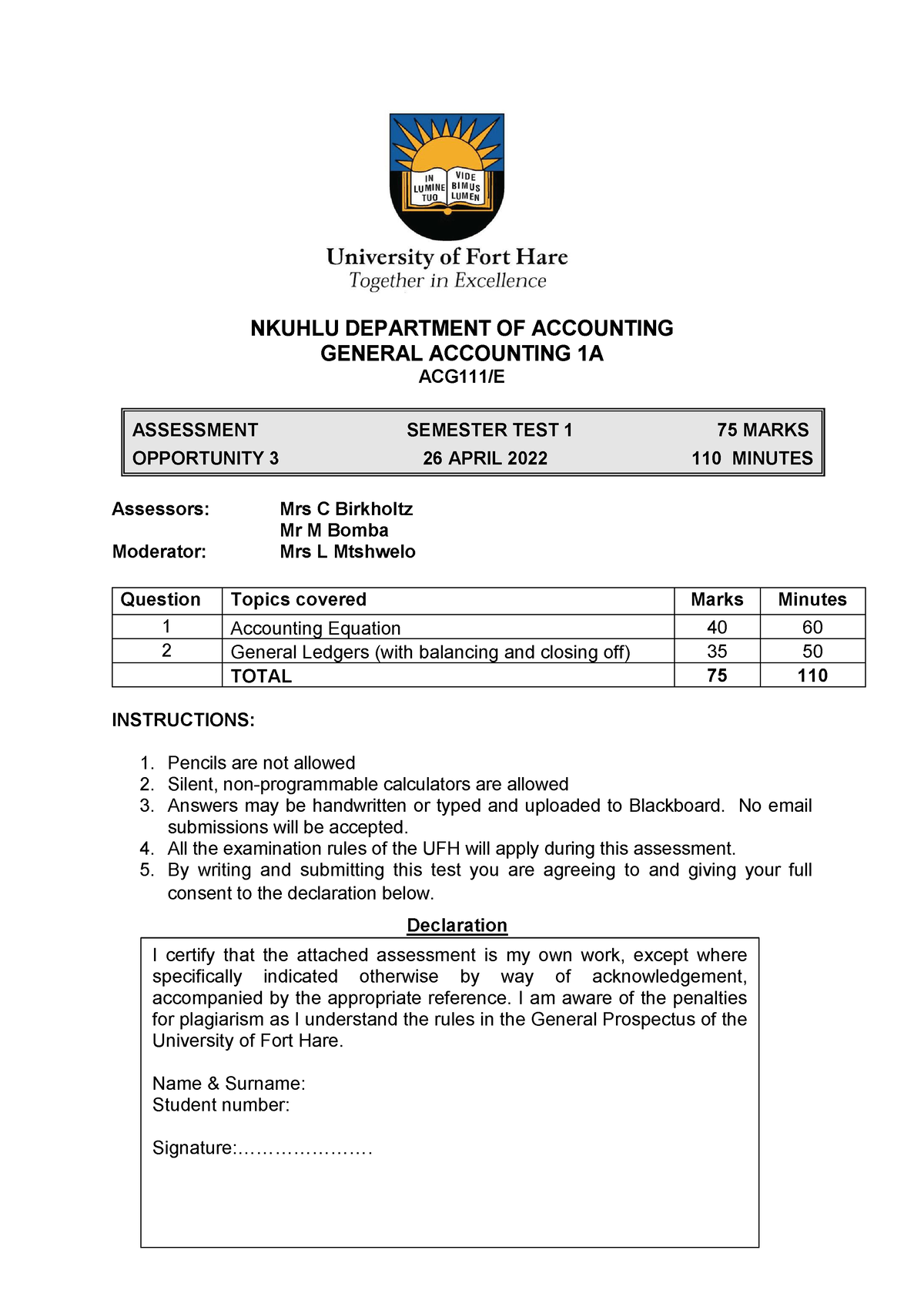 Semtest 1 2022 Too Much Page 1 Of 3 Nkuhlu Department Of Accounting General Accounting 1a 4988