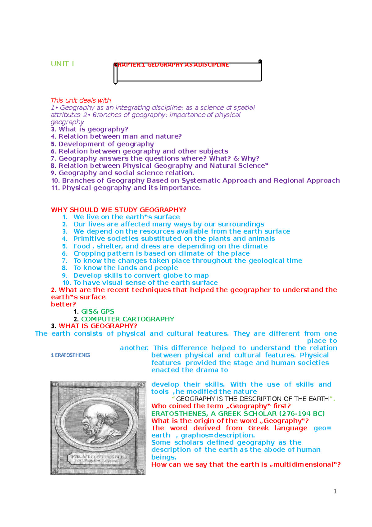 11 geography notes 01 geography as a discipline UNIT I This unit