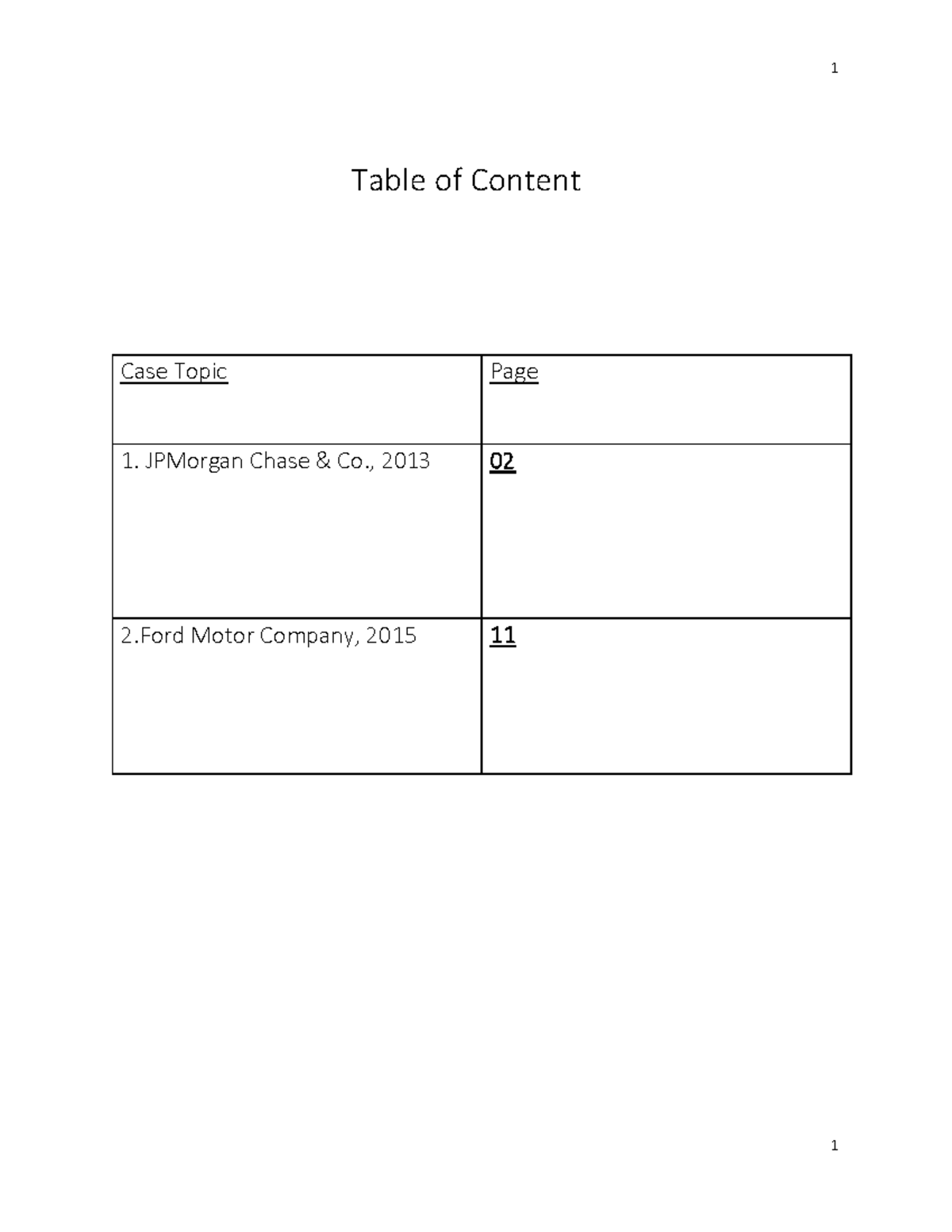 table of contents in case study