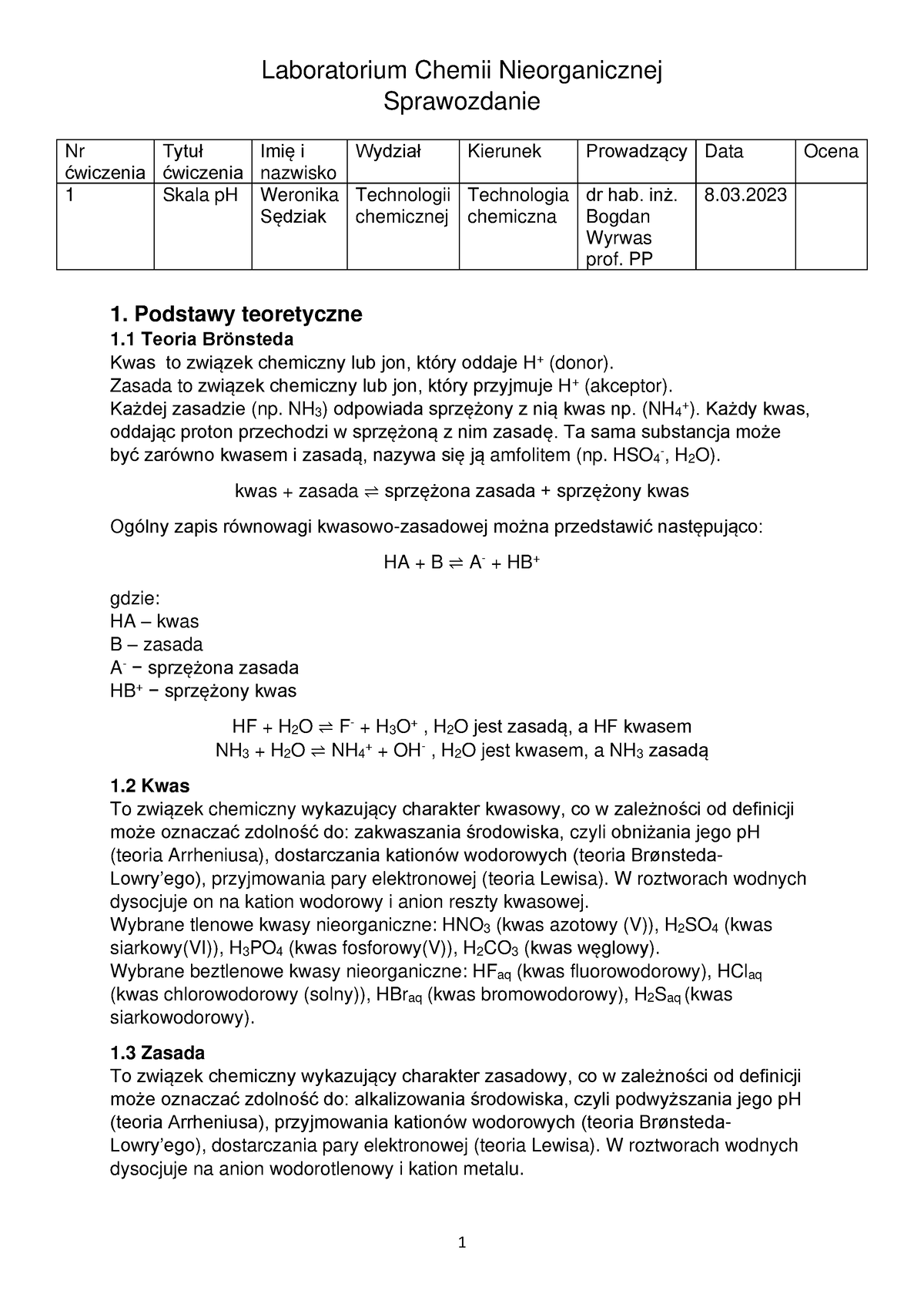 Sprawozdanie ćw 1 - Laboratorium Chemii Nieorganicznej Sprawozdanie 1 ...