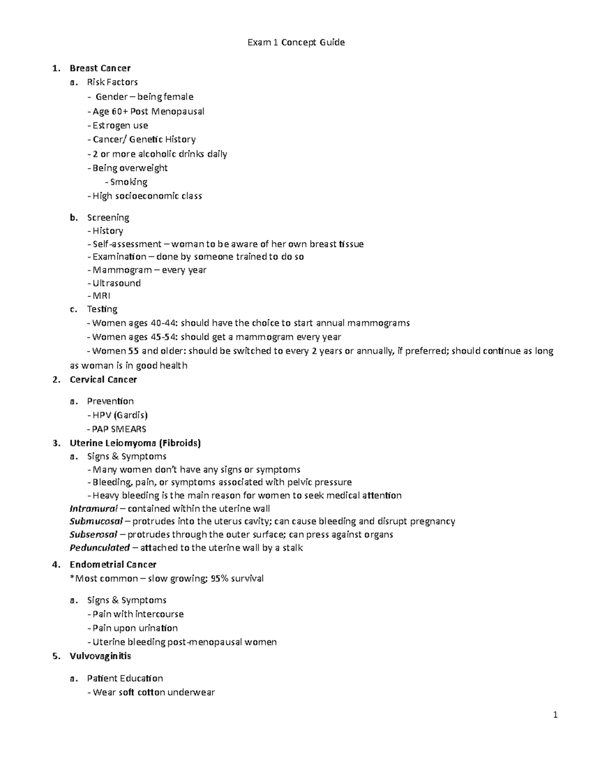 MDC III Exam 1 - Concept guide - Breast Cancer a. Risk Factors - Gender ...